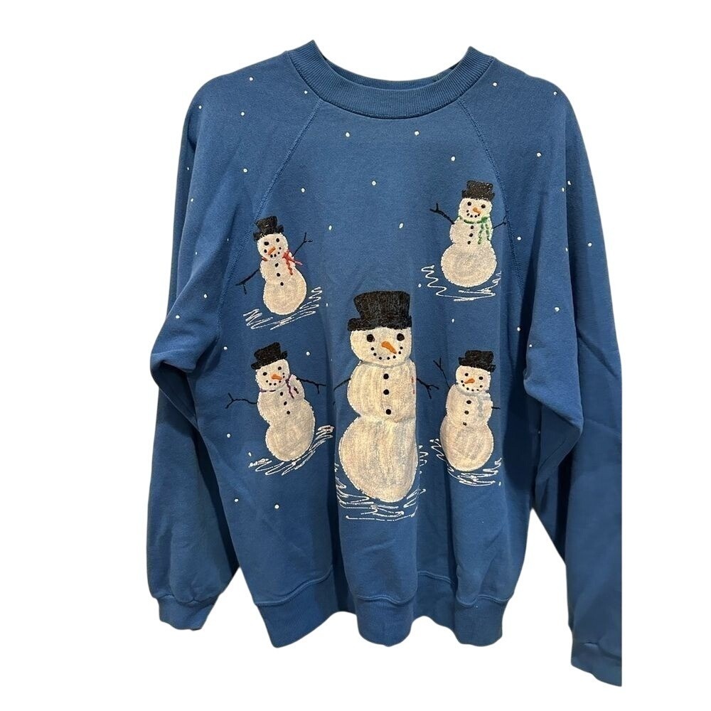 Vintage Hanes Activewear Snowman Puff Print Sweatshirt Blue XL Christmas 90s